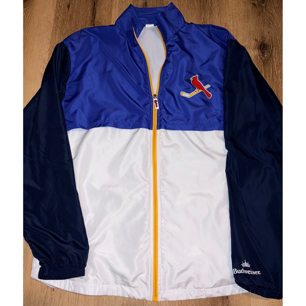 St Louis Cardinals Budweiser Mens XL Windbreaker Jacket‎ Blue White Full Zip STL